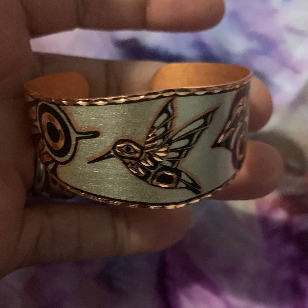 Copper and Silver Hummingbird Cuff Bracelet